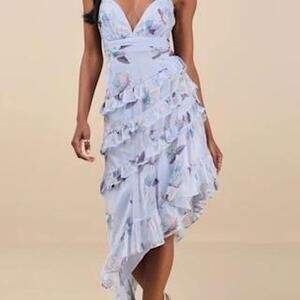 Lulus Saveria Light Blue Floral Ruffled Asymmetrical Maxi Dress